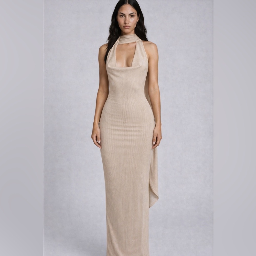 KOIR sculpt halter backless drape scarf maxi dress like helsa